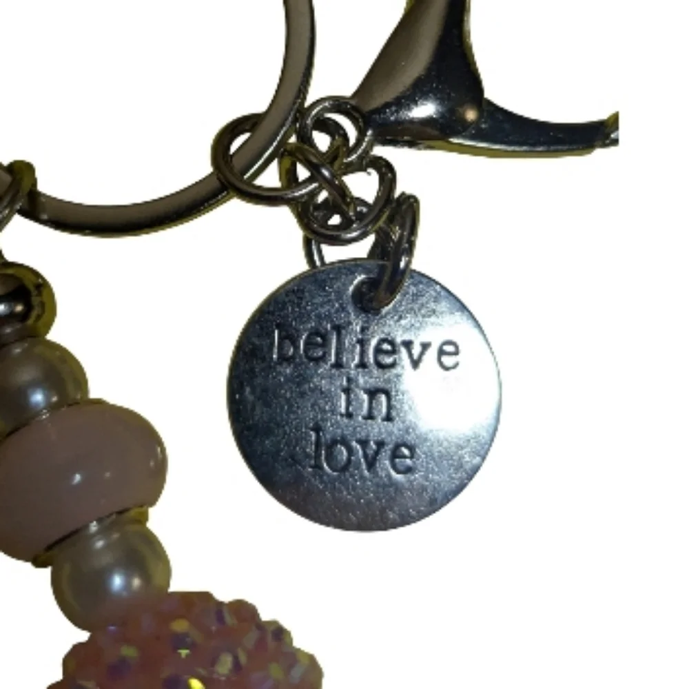 Handmade Beaded Keychain Bag Charm Believe In Love Pink Handcrafted NEW